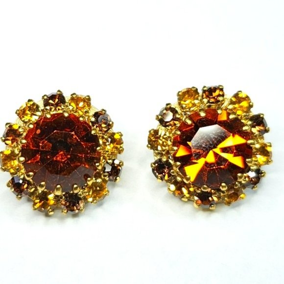 Vintage Mid-Century Amber Colot Rhinestone Clip-on Earrings. - Picture 2 of 7
